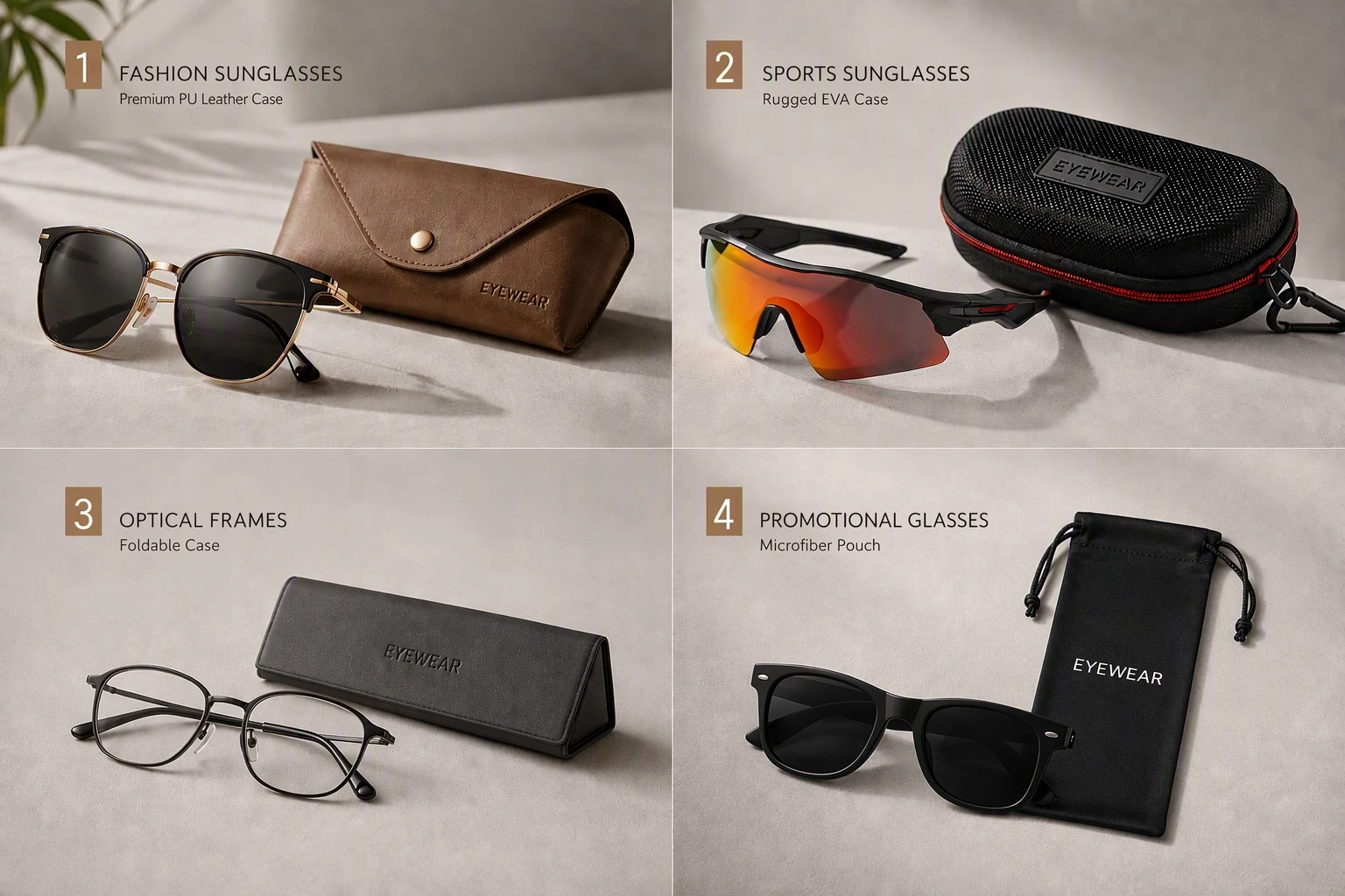 A four-grid presentation showing different types of glasses paired with suitable cases: fashion sunglasses with a premium brown PU leather case, sports sunglasses with a rugged zippered EVA case, optical frames with a black foldable case, and promotional sunglasses with a black microfiber pouch. A four-grid presentation showing different types of glasses paired with suitable cases: fashion sunglasses with a premium brown PU leather case, sports sunglasses with a rugged zippered EVA case, optical frames with a black foldable case, and promotional sunglasses with a black microfiber pouch.