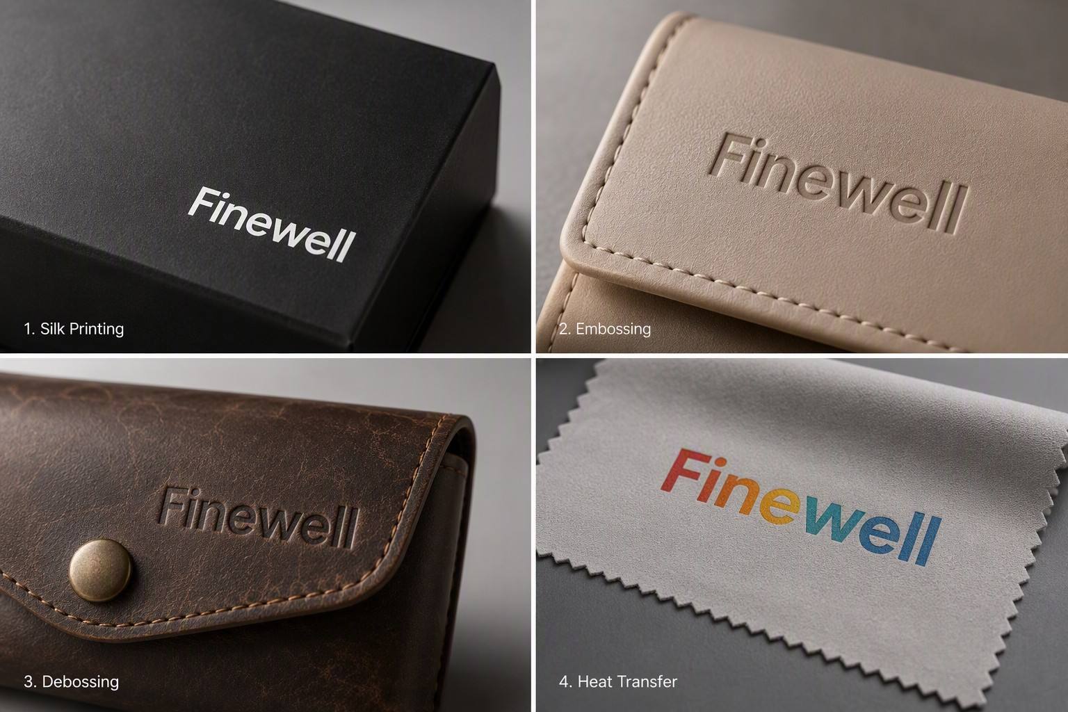 A four-panel image displaying different custom logo applications for Finewell eyewear accessories, including silk printing on a black paper box, embossing on a beige PU leather case, debossing on a brown leather case, and full-color heat transfer on a microfiber cleaning cloth. A four-panel image displaying different custom logo applications for Finewell eyewear accessories, including silk printing on a black paper box, embossing on a beige PU leather case, debossing on a brown leather case, and full-color heat transfer on a microfiber cleaning cloth.