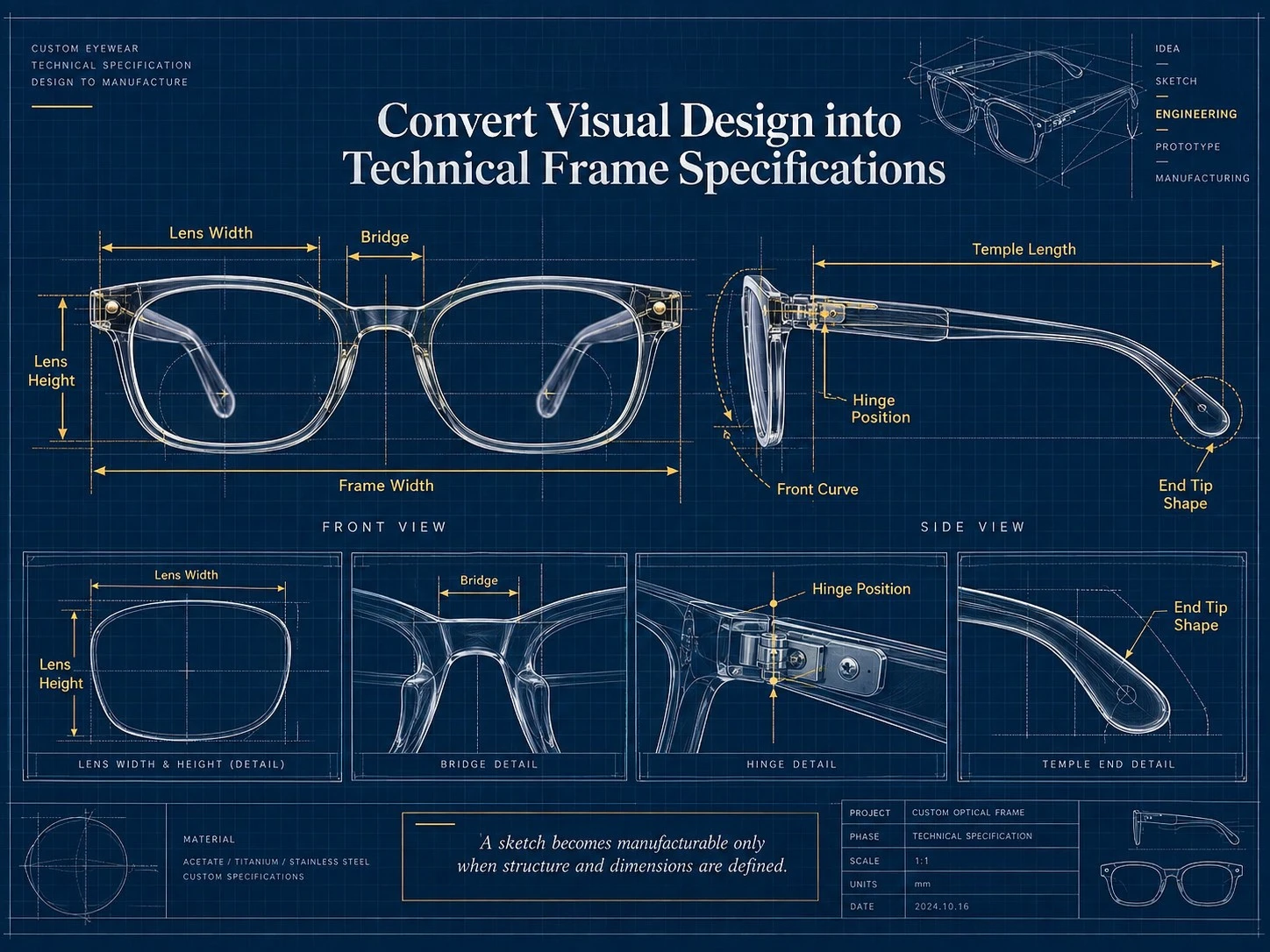 Technical blueprint of custom spectacle frames showing lens width, bridge, frame width, temple length and hinge position Technical blueprint of custom spectacle frames showing lens width, bridge, frame width, temple length and hinge position
