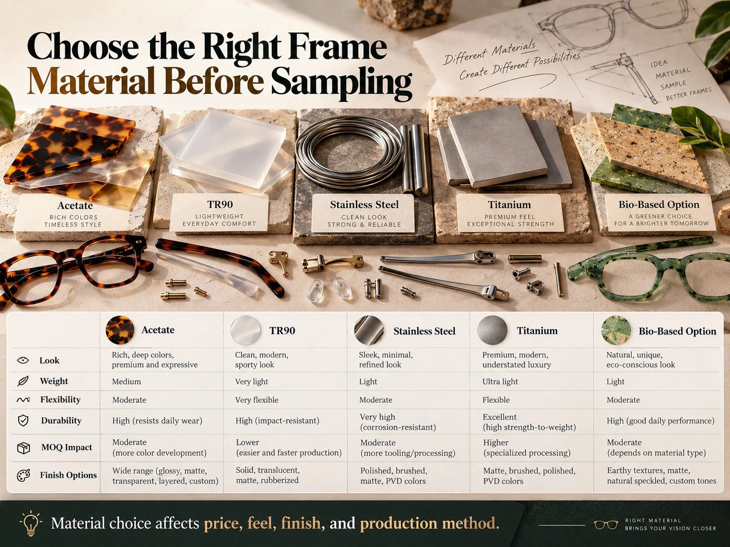 Comparison of acetate, TR90, stainless steel, titanium and bio-based materials for custom spectacle frames Comparison of acetate, TR90, stainless steel, titanium and bio-based materials for custom spectacle frames