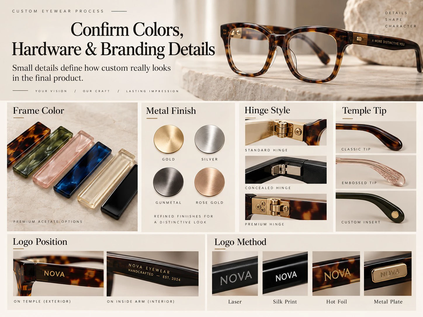 Custom spectacle frame color, hinge, metal finish, temple tip and logo branding options Custom spectacle frame color, hinge, metal finish, temple tip and logo branding options