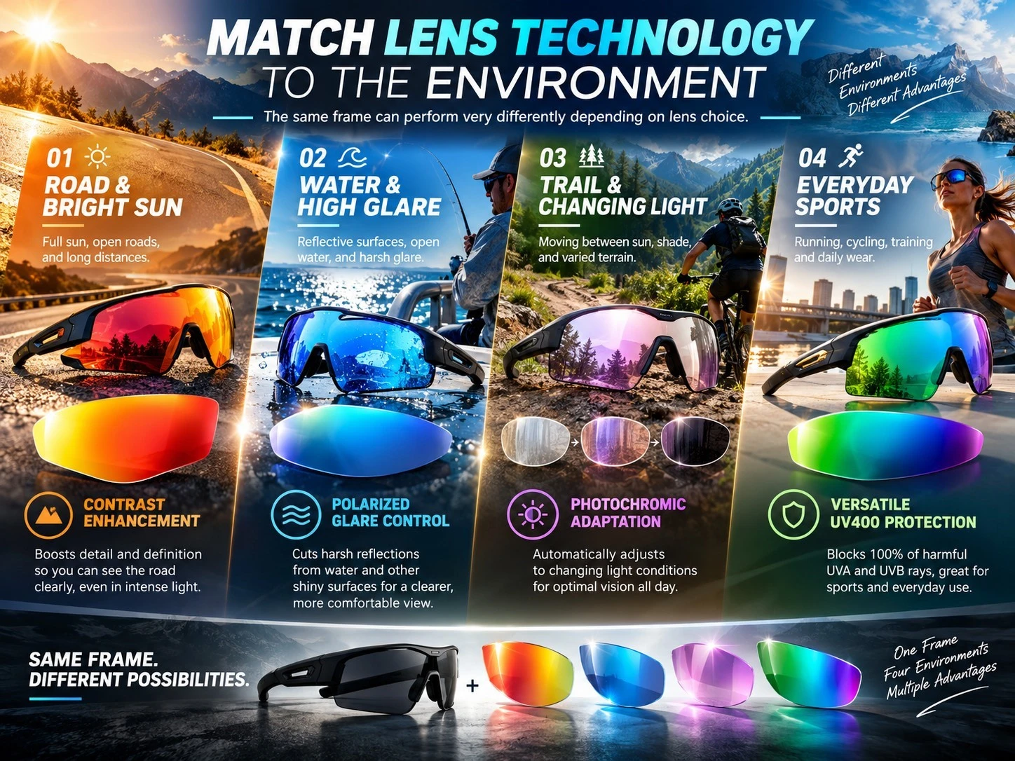 Sports sunglasses lens technology for bright sun, water glare, changing light and everyday outdoor activities Sports sunglasses lens technology for bright sun, water glare, changing light and everyday outdoor activities