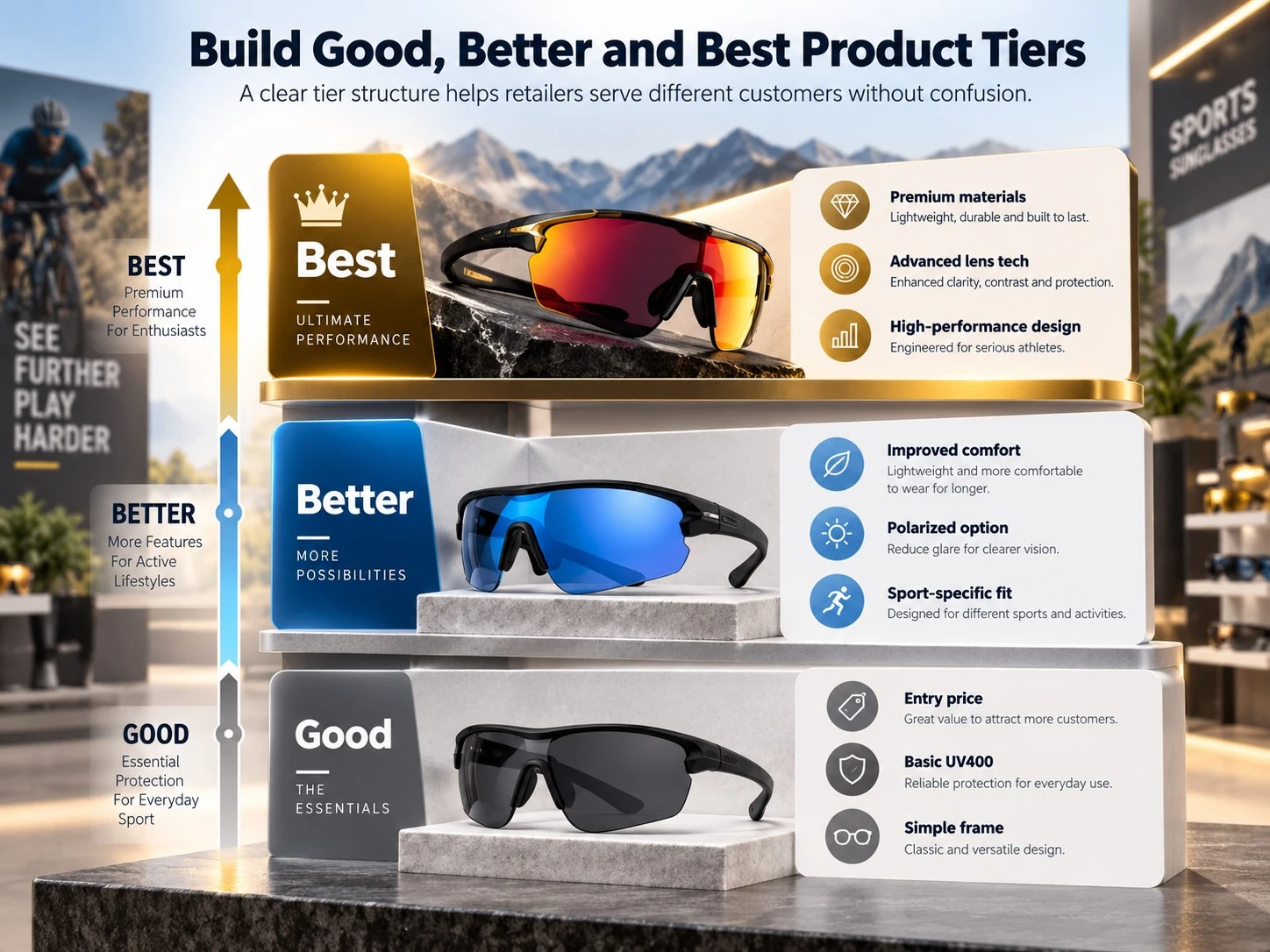 Good better and best sports sunglasses product tiers for building a balanced retail eyewear collection Good better and best sports sunglasses product tiers for building a balanced retail eyewear collection