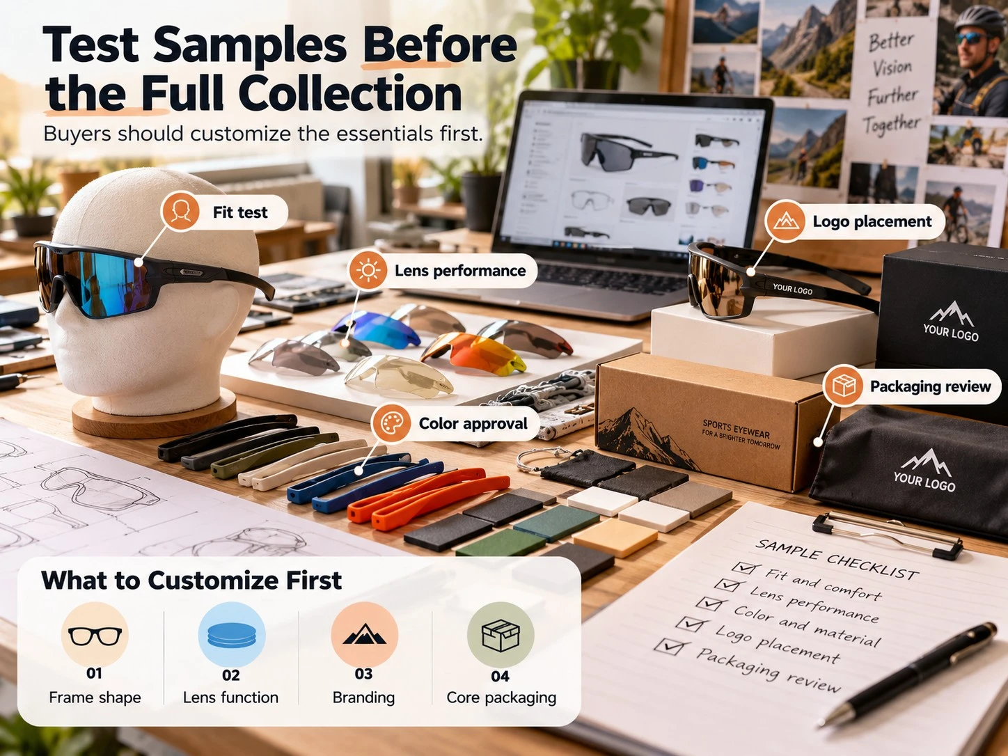 Sports sunglasses sample testing process covering fit, lens performance, color approval, logo placement and packaging Sports sunglasses sample testing process covering fit, lens performance, color approval, logo placement and packaging