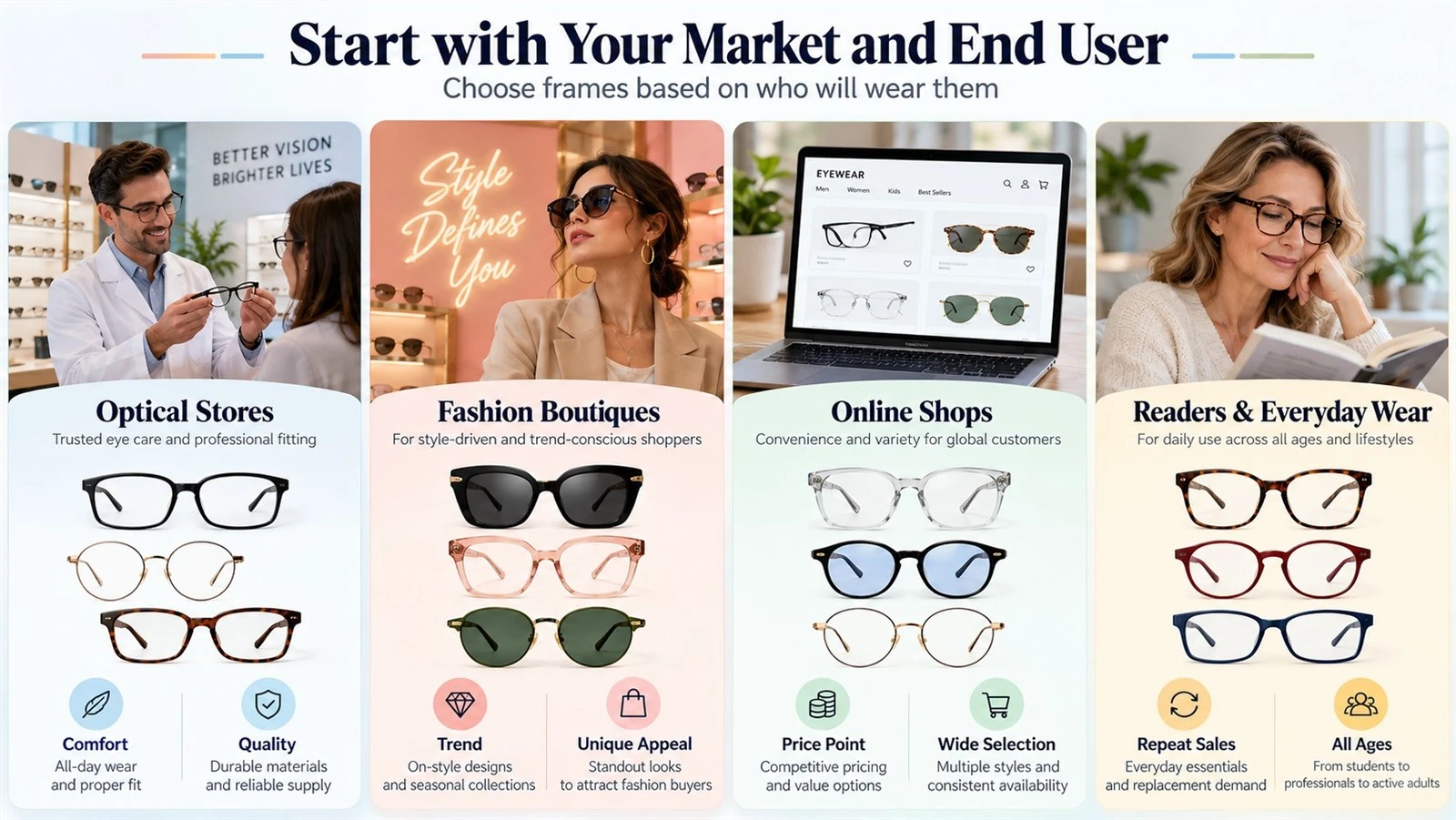 Eyeglass frame selection guide for optical stores, fashion boutiques, online shops and everyday eyewear customers. Eyeglass frame selection guide for optical stores, fashion boutiques, online shops and everyday eyewear customers.
