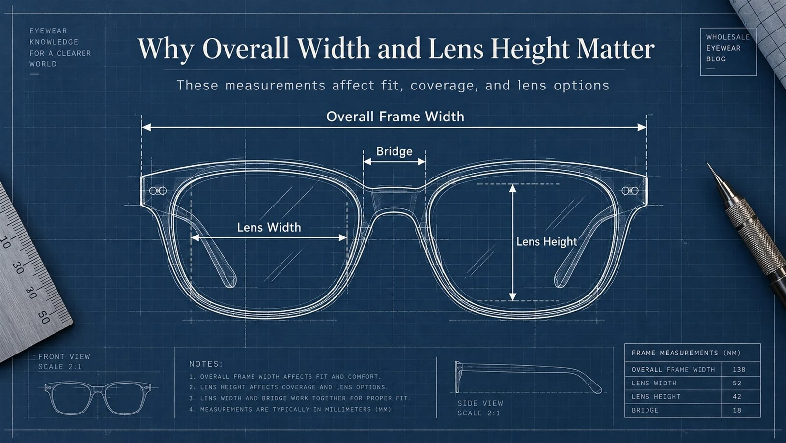 Technical eyeglass frame measurement diagram showing overall frame width, lens height, lens width and bridge dimensions. Technical eyeglass frame measurement diagram showing overall frame width, lens height, lens width and bridge dimensions.