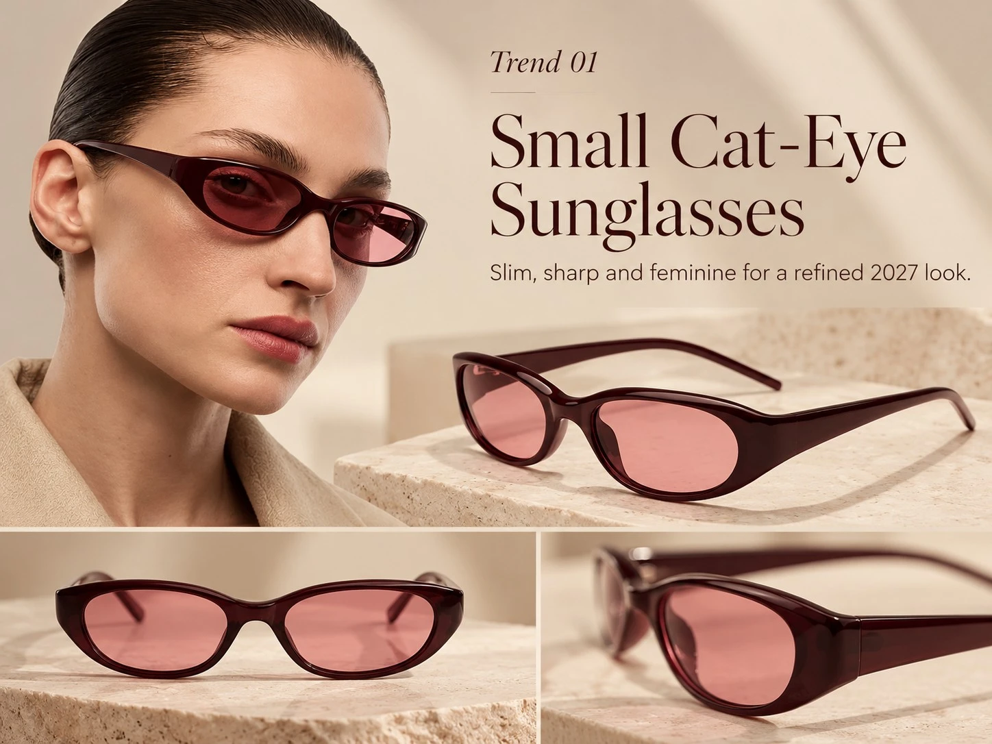 Small cat-eye sunglasses with burgundy frames and pink tinted lenses, featuring a female model and detailed product views. Small cat-eye sunglasses with burgundy frames and pink tinted lenses, featuring a female model and detailed product views.