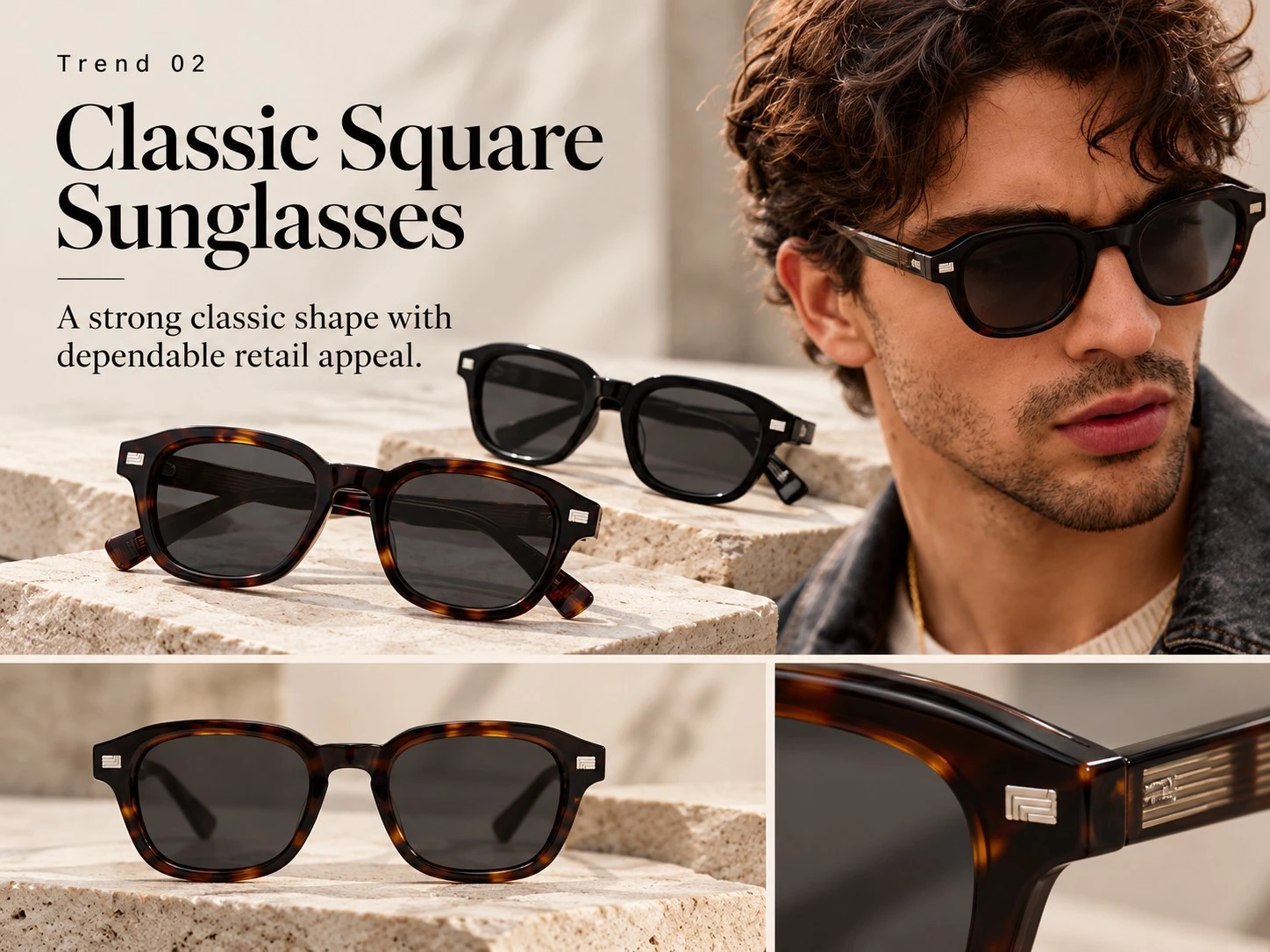 Classic square sunglasses featuring tortoiseshell and black frames, dark lenses and silver temple accents for modern eyewear collections. Classic square sunglasses featuring tortoiseshell and black frames, dark lenses and silver temple accents for modern eyewear collections.