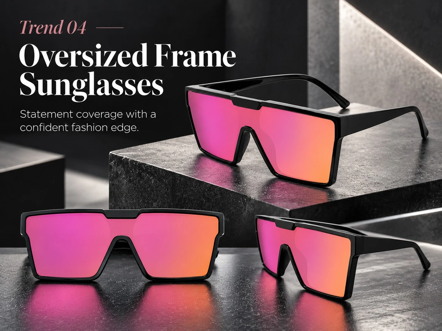 Trends 2027 Oversized shield sunglasses featuring bold black frames and pink-to-orange mirrored lenses with multiple product views. Trends 2027 Oversized shield sunglasses featuring bold black frames and pink-to-orange mirrored lenses with multiple product views.