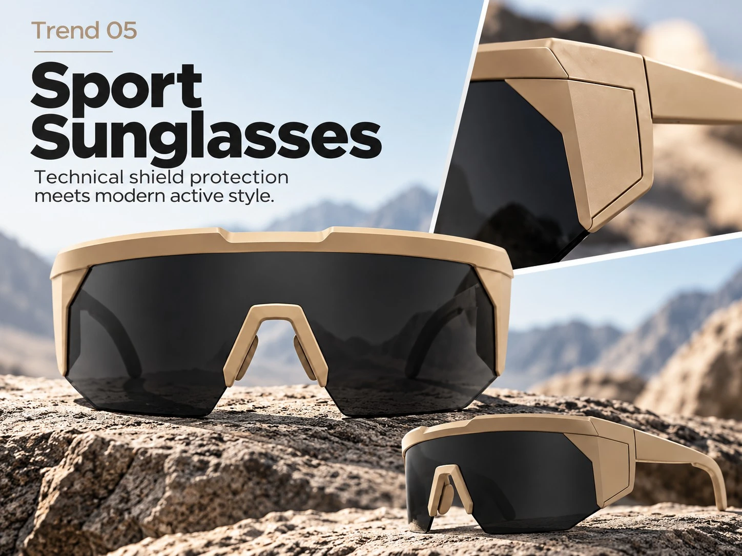 Modern sport sunglasses with beige frames, dark shield lenses and angular wraparound design for outdoor and active lifestyles. Modern sport sunglasses with beige frames, dark shield lenses and angular wraparound design for outdoor and active lifestyles.