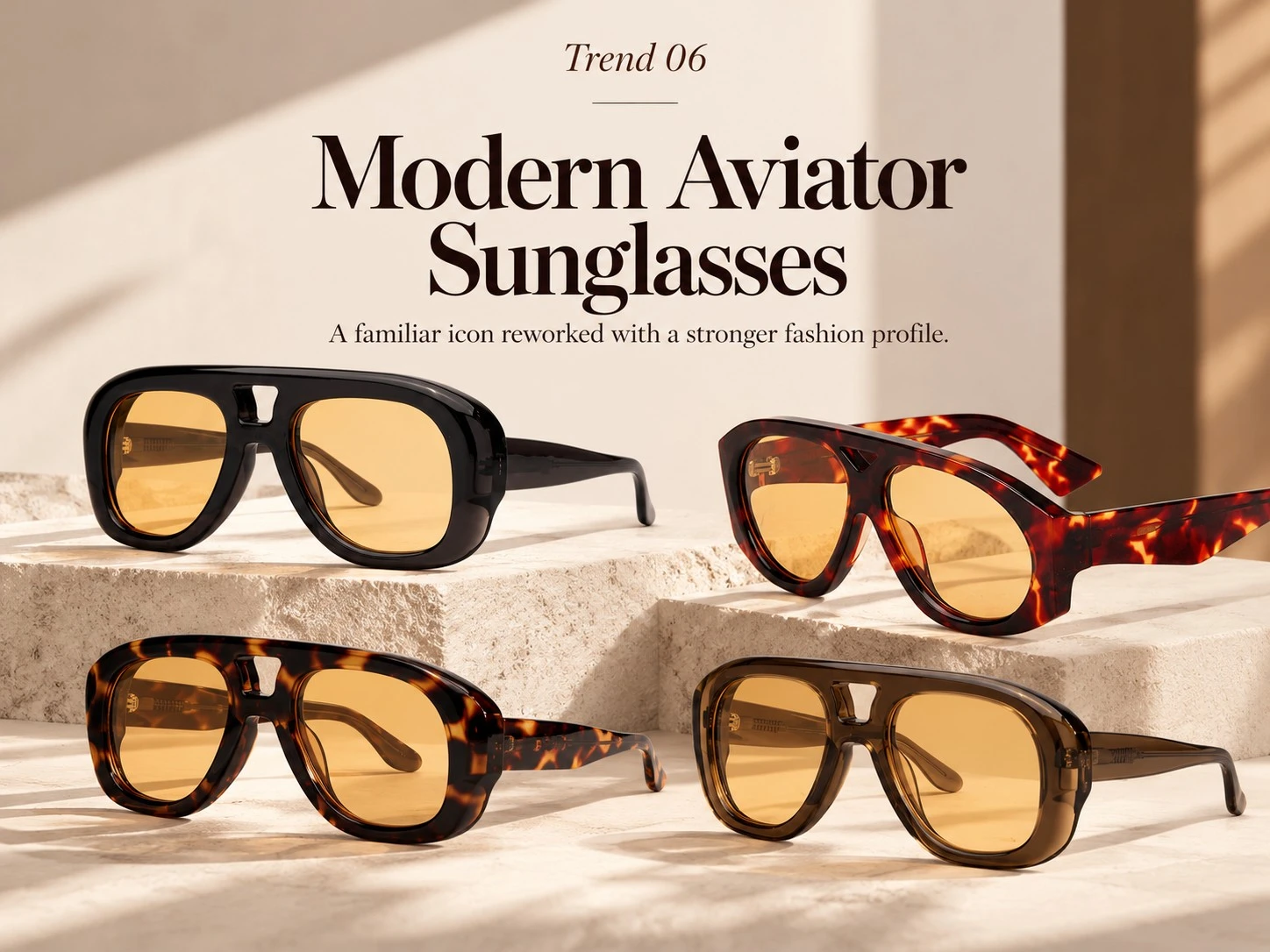 Modern aviator sunglasses featuring chunky black and tortoiseshell frames, amber tinted lenses and contemporary bridge designs. Modern aviator sunglasses featuring chunky black and tortoiseshell frames, amber tinted lenses and contemporary bridge designs.