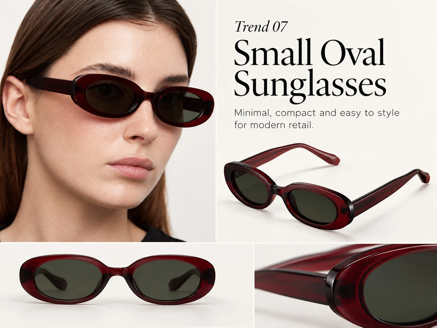 Small oval sunglasses featuring translucent burgundy frames and dark lenses, displayed on a female model with detailed product views. Small oval sunglasses featuring translucent burgundy frames and dark lenses, displayed on a female model with detailed product views.
